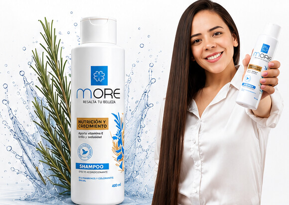 Shampoo MORE de 400 ml entre romero y agua, junto a una clienta sosteniendo el producto